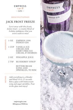 a bottle of jack frost freeze sitting next to a glass filled with ice and snow