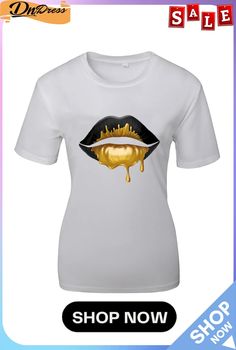 White Fashion Street Lips Printed Split Joint O Neck T-shirts Gold T-shirt With Letter Print For Summer, Trendy Gold T-shirt For Summer, Trendy Gold Summer T-shirt, Fashion Print Crew Neck T-shirt For Streetwear, Graphic Tee With Fashion Print And Crew Neck, Trendy Gold Tops With Graphic Print, White Graphic Tee With Fashion Print, Gold Graphic Tee With Crew Neck, Gold Graphic Tee With Letter Print