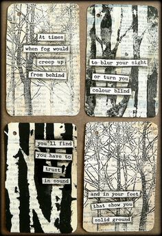 four pieces of altered paper with words and trees on them, all in black and white