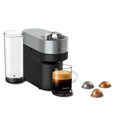 an espresso machine with three different types of coffee in front of it on a white background