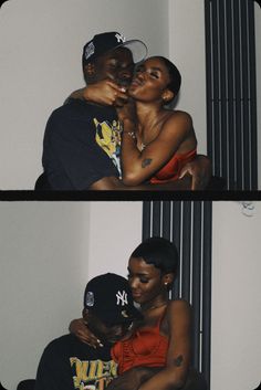 two pictures of a man kissing a woman on the cheek and another photo of a woman hugging him