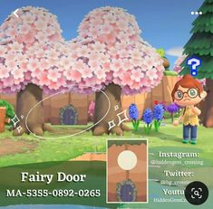 an advertisement for the nintendo wii game fairy door, featuring a girl standing in front of pink flowers