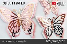 three pink and gold butterflies with the words diy on them