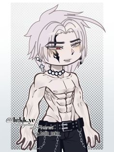 an anime character with white hair and piercings on his chest, wearing black pants