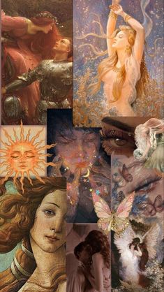 a collage of different pictures with angels and sunflowers on them, including one woman's face