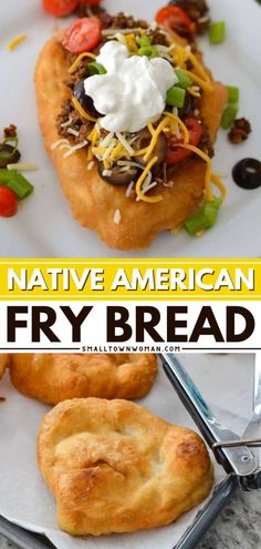 an image of native american fry bread on a plate with text overlay that reads, native american fry bread