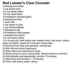 red lobster's clam chowder recipe on white paper with black and white text