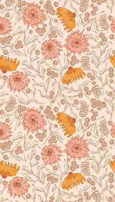 an orange and pink flower pattern on a beige background with green leaves in the middle