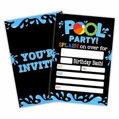 a pool party is set up on the front and back of a birthday bash ticket