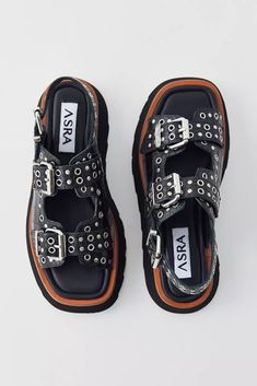 ASRA London Sabre Buckle Platform Sandal | Urban Outfitters Black Studded Sandals, Trendy Sneakers For Women, 2024 Shoes, Closet Wishlist, Funky Shoes, Footbed Sandals, Stylish Sandals, Shoe Inspo, Slingback Sandals