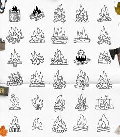 a bunch of different types of fire and flames stickers on a piece of paper