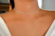 Chain is adjustable. Adjustable from 14.5 inches to 16.5 inches Nickel-free x Adjustable Minimalist Layered Choker Necklace, Silver Double Chain Choker Necklaces, Silver Adjustable Choker Necklace, Dainty Silver Layered Necklace For Party, Elegant Silver Layered Choker Necklace, Minimalist Party Choker With Adjustable Chain, Adjustable Silver Jewelry With Double Chain, Minimalist Choker Jewelry With Adjustable Length, Adjustable Elegant Silver Chain Choker