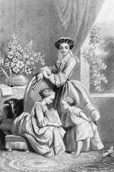 an old black and white drawing of a woman with two children