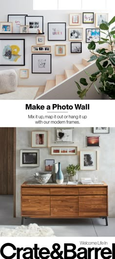 two photos with frames on the wall and below them, there is an advertisement for crate & barrel