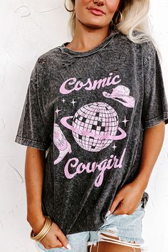 - This perfect new tee is giving us disco cowgirl vibes! - Lightweight subtly distressed material featuring a disco ball and Cosmic Cowgirl graphic design - A rounded neckline - Short, loose sleeves - A slouched silhouette that ends in a straight hemline Measurements S : Bust 40", Hip 42", Inseam 8.5", Length 28", Waist 40". M : Bust 42", Hip 44", Inseam 8.5", Length 28", Waist 42". L : Bust 44", Hip 46", Inseam 9", Length 28.5", Waist 44". Cowgirl Graphic Design, Cosmic Cowgirl, Cowgirl Graphic, Cowgirl Vibes, Disco Cowgirl, Loose Sleeves, Boyfriend Tee, Rounded Neckline, Disco Ball