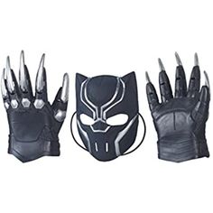 three different types of black panther gloves with claws on each hand and one wearing a mask