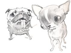 a drawing of two dogs with their mouths open