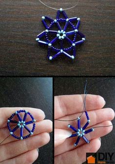 three pictures showing how to make a beaded snowflake ornament with beads