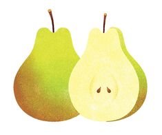 two pears with one cut in half and the other sliced in half on a white background