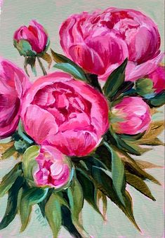 a painting of pink flowers on a green background