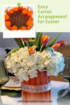 carrot floral arrangement with carrots in vase with text overlay easy carrot arrangement for Easter Carrot Centerpiece, Wreaths Videos, Easter Arrangement, Spring Flower Arrangements, Nautical Wreath, Fall Grapevine Wreaths, Traditional Wreath, Easter Carrots, Easter Centerpieces