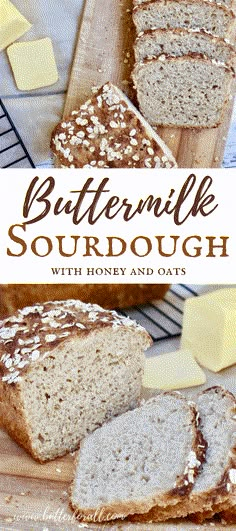 a loaf of buttermilk sourdough with honey and oats on a cutting board