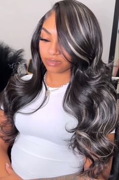 Quick Weave With Grey Highlights, Black N Blonde Highlights, Side Part With Blonde Streaks Weave, Black And White Sew In Weave, Black And Blonde Quick Weave Side Part, Black Wig With Grey Highlights, Black Weave With Blonde Highlights, Accent Foils Highlights, Sew In Peek A Boo