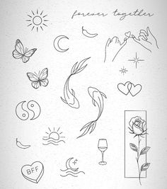 some tattoos that are drawn on paper with the words, love and sun above them