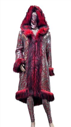 "Why be good when you can be fabulous?" Unleash your inner enchantress with the Red Maleficent Coat. This striking piece is more than just a coat—it's a statement of boldness, mystery, and fiery elegance. Whether you're casting spells at a festival or simply turning heads on a night out, this coat ensures you'll do it with unmatched style and confidence. The Red Maleficent Coat is designed for those who dare to be different. Featuring a captivating blend of deep red and black faux fur, this coat Luxury Red Outerwear For Evening, Luxury Red Evening Outerwear, Luxury Red Outerwear For Party, Elegant Red Costume Outerwear, Red Long Coat For Party, Casting Spells, Full Length Coat, Voluminous Sleeves, Dare To Be Different