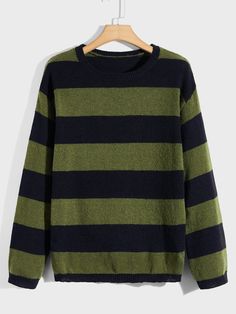 Army Green Casual Collar Long Sleeve Worsted Striped Pullovers Embellished Slight Stretch  Men Clothing Grunge Clothes Men, Grunge Sweater, Men Knitwear, Sweater Streetwear, Sweaters Men, Striped Knitted Sweater, Pullover Outfit, Drop Shoulder Sweaters, Pattern Sweater