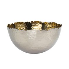 a silver and gold bowl on a white background