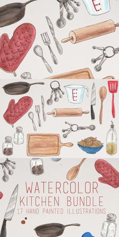 the watercolor kitchen bundle includes various items such as utensils and spoons