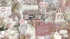 a collage of pink and white items