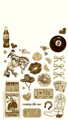 various items are arranged in the shape of a collage with words and pictures on them