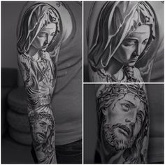 some tattoos that have been done on someone's arm and arms with jesus in the center