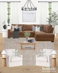 a living room with couches, chairs and lamps in it's centerpiece