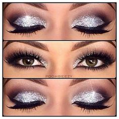 three pictures of different eyes with silver glitter on the lids and bottom, one has black lashes