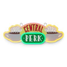 a sign that says central perk with two cups of coffee in the middle and one cup on top