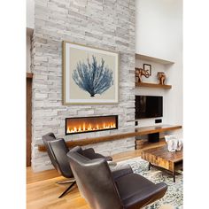 a living room with two chairs and a fireplace in the center, surrounded by white brick walls