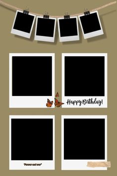 three polaroid frames hanging on a clothes line with the words happy birthday written below them