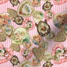 a pink and white striped background with hearts, angels and other things in the center