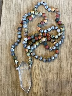 Natural quartz healing crystal, kambaba jasper and picasso jasper beads. Crystal Jewelry Necklaces, Random Products, Quartz Crystal Jewelry, Necklace Inspiration, Vintage Jewelry Ideas, Boho Necklaces, Handmade Boho Jewelry, Kambaba Jasper, Crystal Point Necklace