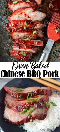 an image of bbq pork being cooked on the grill with rice and chopsticks