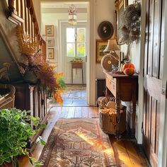 the hallway is decorated with plants and decorations