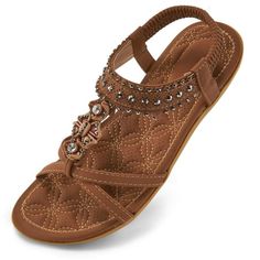 Step into summer with these stylish and comfortable Bohemian flat sandals for women! These ankle elastic sandals come in both black and brown, making them perfect for any outfit. Whether you're dressing up for a night out or dressing down for a day at the beach. The flat design makes them ideal for walking and the comfortable fit will keep you going all day long. Cushioned Sponge InsoleThe upper of the womens sandals is made of fine vegan leather, and the insole is consist of soft and breathable Brown Bohemian T-strap Sandals With Single Toe Strap, Adjustable Brown Slip-on Footbed Sandals, Dressy Casual Women, Brown T-strap Sandals With Adjustable Strap For Beach, Brown T-strap Sandals With Cushioned Footbed And Adjustable Fit, Bohemian Flat, Flat Sandals For Women, Lace Up Gladiator Sandals, Flats Shoes Comfortable