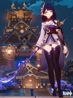 an anime character standing in front of a building with a clock tower on the other side