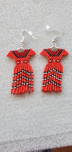 red and black beaded earrings with fringes