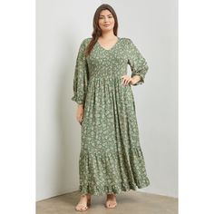 Olive Floral Smocked Maxi Dress - PLUS SIZE-dress-The Little Tichel Lady Smocked Maxi Dress, Midi Dress Plus Size, Dress Drape, Top Skirt Set, Smocked Top, Plus Size Skirts, Plus Size Maxi Dresses, Printed Maxi, Floral Midi Dress