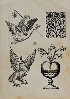 an old book with drawings of birds, vases and other things on it's cover