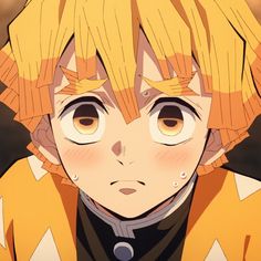 an anime character with blonde hair and big eyes looks at the camera while staring into the distance